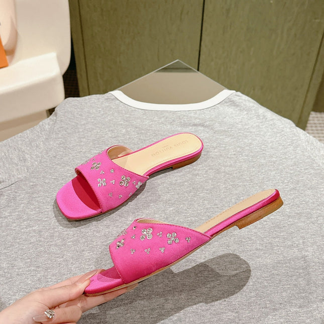 LV WOMEN FLAT MULE IN DEEP PINK SATIN WITH RHINESTONE