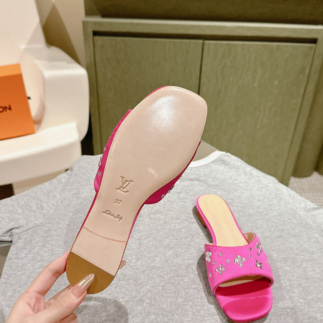 LV WOMEN FLAT MULE IN DEEP PINK SATIN WITH RHINESTONE