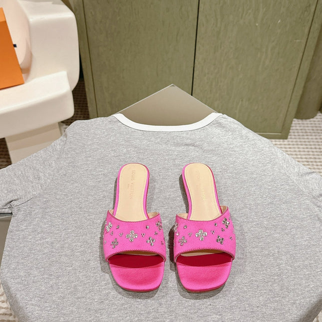 LV WOMEN FLAT MULE IN DEEP PINK SATIN WITH RHINESTONE