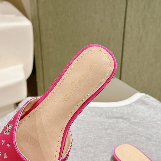 LV WOMEN FLAT MULE IN DEEP PINK SATIN WITH RHINESTONE