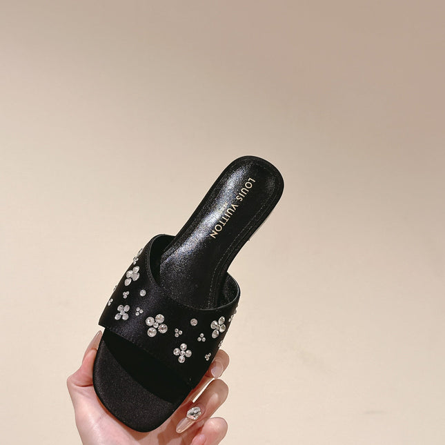 LV WOMEN FLAT MULE IN BLACK SATIN WITH RHINESTONE
