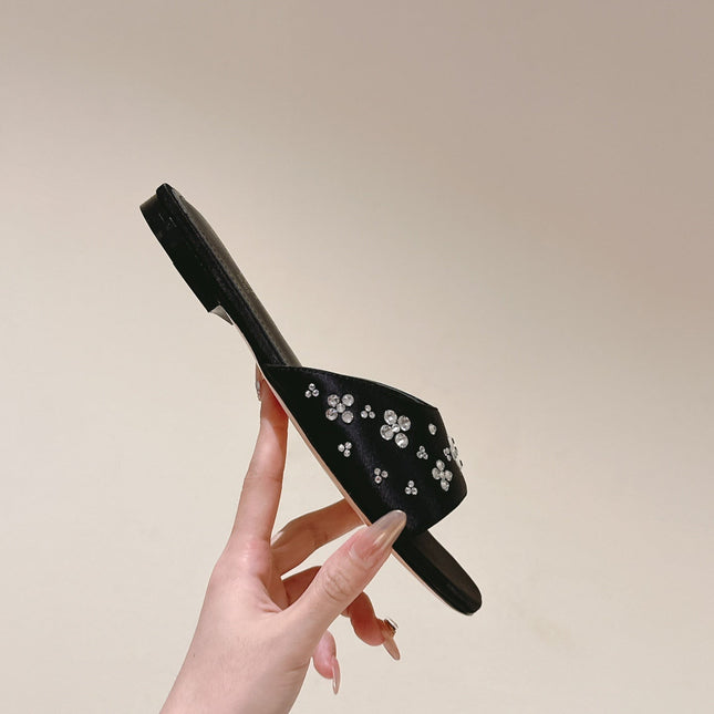 LV WOMEN FLAT MULE IN BLACK SATIN WITH RHINESTONE