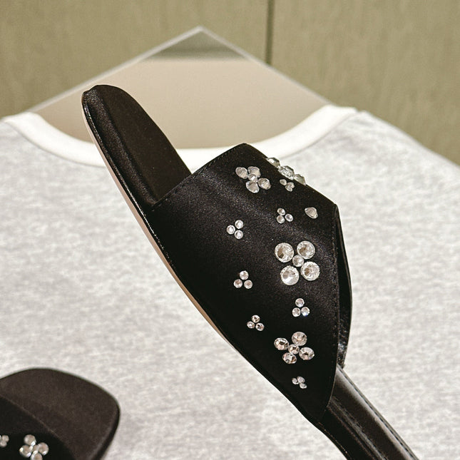 LV WOMEN FLAT MULE IN BLACK SATIN WITH RHINESTONE