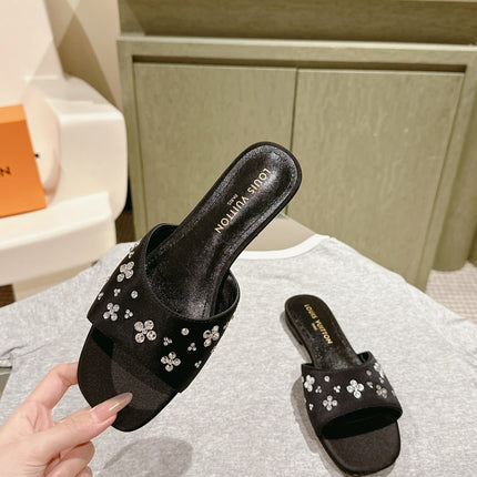 LV WOMEN FLAT MULE IN BLACK SATIN WITH RHINESTONE