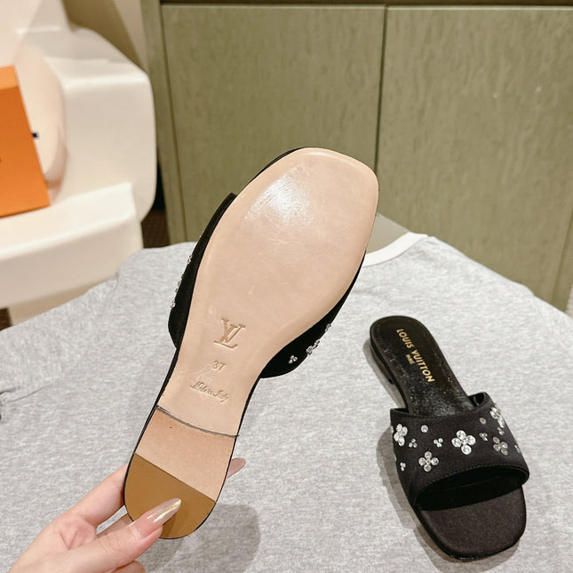 LV WOMEN FLAT MULE IN BLACK SATIN WITH RHINESTONE