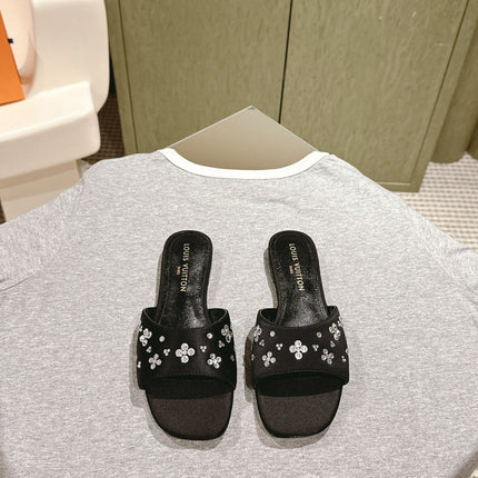 LV WOMEN FLAT MULE IN BLACK SATIN WITH RHINESTONE