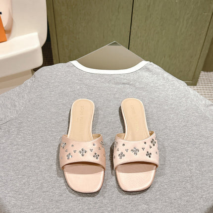 LV WOMEN FLAT MULE IN ALMOND BEIGE SATIN WITH RHINESTONE