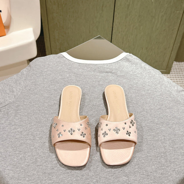 LV WOMEN FLAT MULE IN ALMOND BEIGE SATIN WITH RHINESTONE