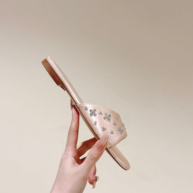 LV WOMEN FLAT MULE IN ALMOND BEIGE SATIN WITH RHINESTONE