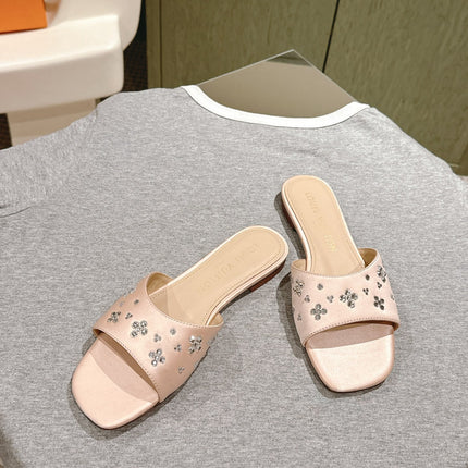 LV WOMEN FLAT MULE IN ALMOND BEIGE SATIN WITH RHINESTONE