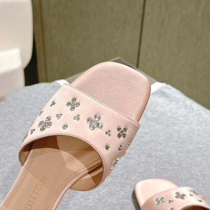 LV WOMEN FLAT MULE IN ALMOND BEIGE SATIN WITH RHINESTONE