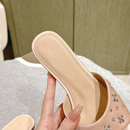 LV WOMEN FLAT MULE IN ALMOND BEIGE SATIN WITH RHINESTONE