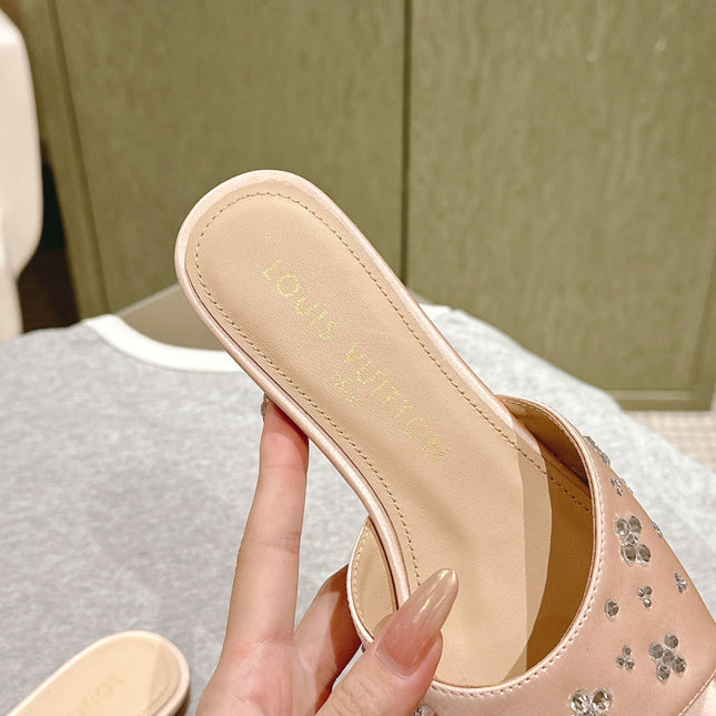 LV WOMEN FLAT MULE IN ALMOND BEIGE SATIN WITH RHINESTONE