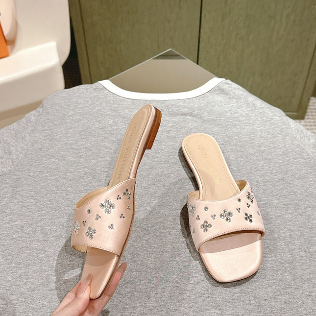 LV WOMEN FLAT MULE IN ALMOND BEIGE SATIN WITH RHINESTONE