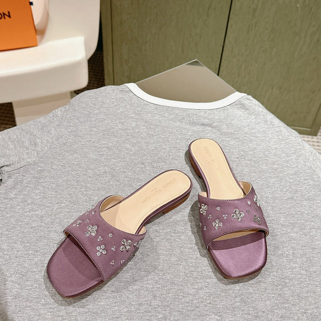 LV WOMEN FLAT MULE IN MAUVE PURPLE SATIN WITH RHINESTONE
