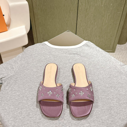 LV WOMEN FLAT MULE IN MAUVE PURPLE SATIN WITH RHINESTONE