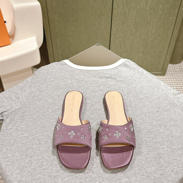 LV WOMEN FLAT MULE IN MAUVE PURPLE SATIN WITH RHINESTONE