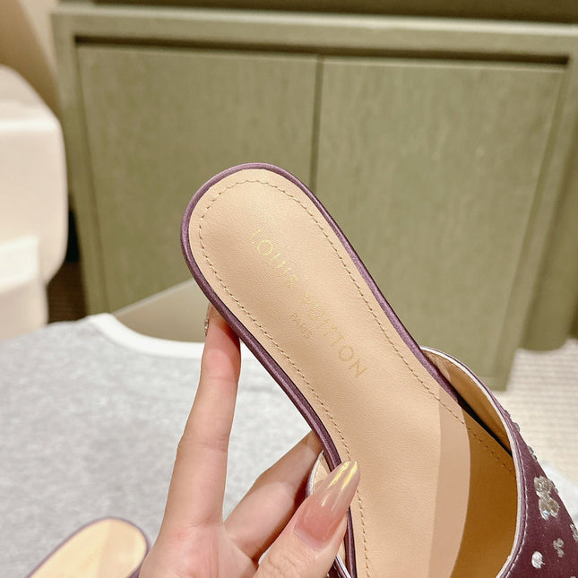 LV WOMEN FLAT MULE IN MAUVE PURPLE SATIN WITH RHINESTONE