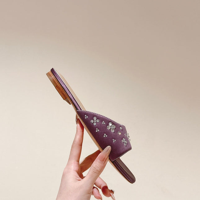 LV WOMEN FLAT MULE IN MAUVE PURPLE SATIN WITH RHINESTONE