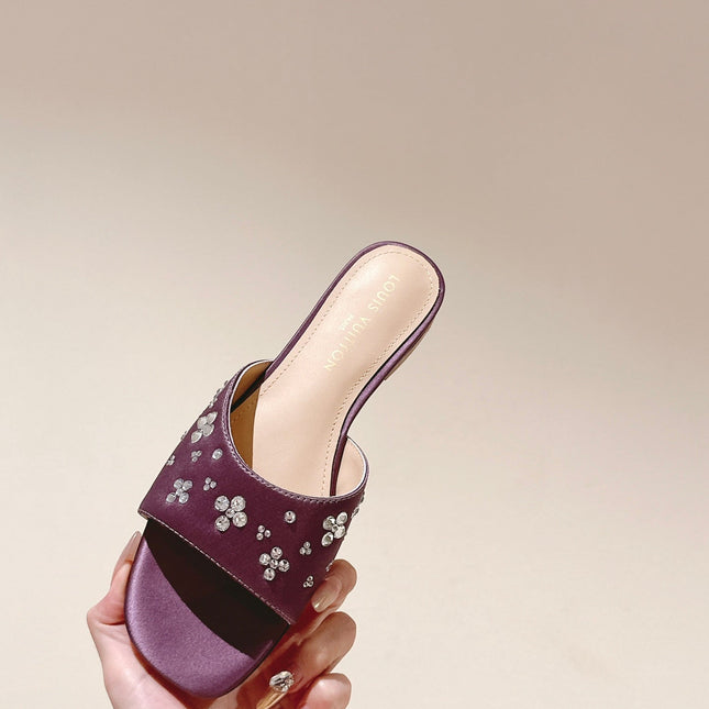 LV WOMEN FLAT MULE IN MAUVE PURPLE SATIN WITH RHINESTONE