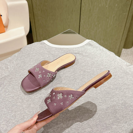 LV WOMEN FLAT MULE IN MAUVE PURPLE SATIN WITH RHINESTONE