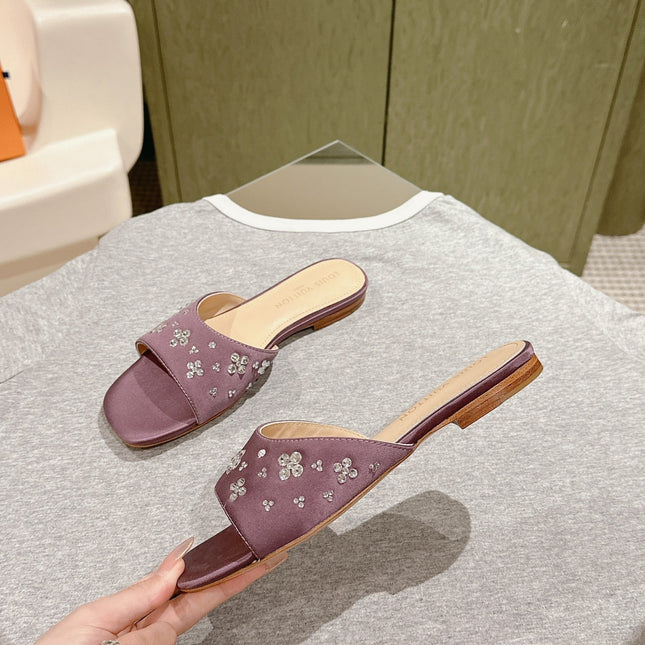 LV WOMEN FLAT MULE IN MAUVE PURPLE SATIN WITH RHINESTONE