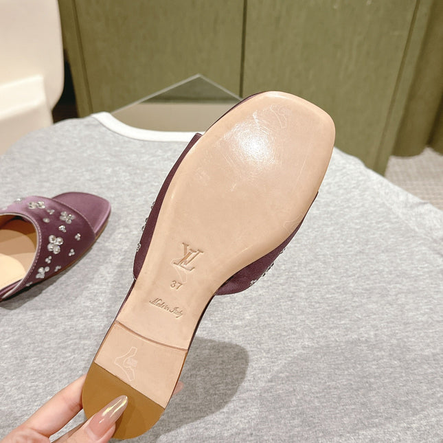 LV WOMEN FLAT MULE IN MAUVE PURPLE SATIN WITH RHINESTONE