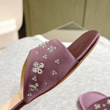 LV WOMEN FLAT MULE IN MAUVE PURPLE SATIN WITH RHINESTONE