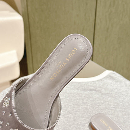 LV WOMEN FLAT MULE IN PASTEL PURPLE SATIN WITH RHINESTONE