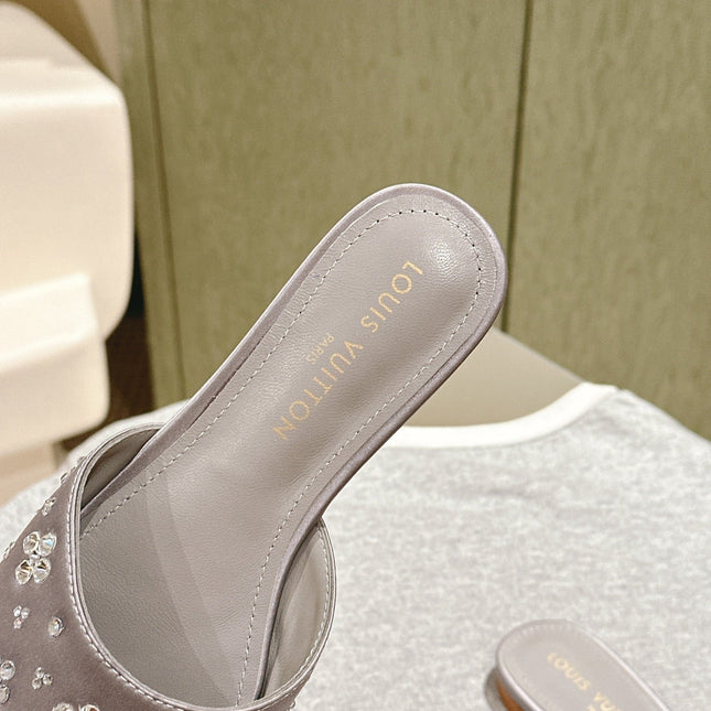 LV WOMEN FLAT MULE IN PASTEL PURPLE SATIN WITH RHINESTONE
