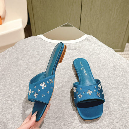 LV WOMEN FLAT MULE IN COBALT BLUE SATIN WITH RHINESTONE