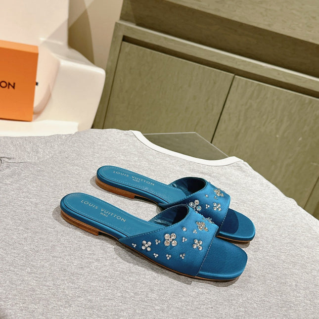 LV WOMEN FLAT MULE IN COBALT BLUE SATIN WITH RHINESTONE