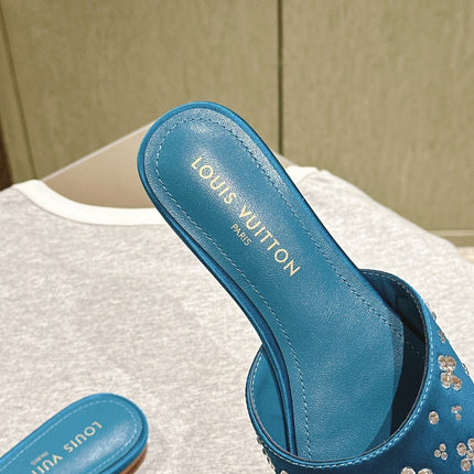 LV WOMEN FLAT MULE IN COBALT BLUE SATIN WITH RHINESTONE