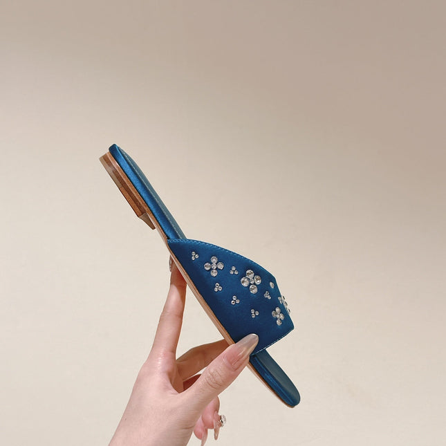 LV WOMEN FLAT MULE IN COBALT BLUE SATIN WITH RHINESTONE