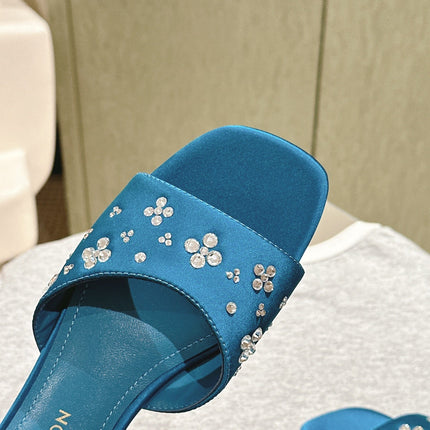 LV WOMEN FLAT MULE IN COBALT BLUE SATIN WITH RHINESTONE