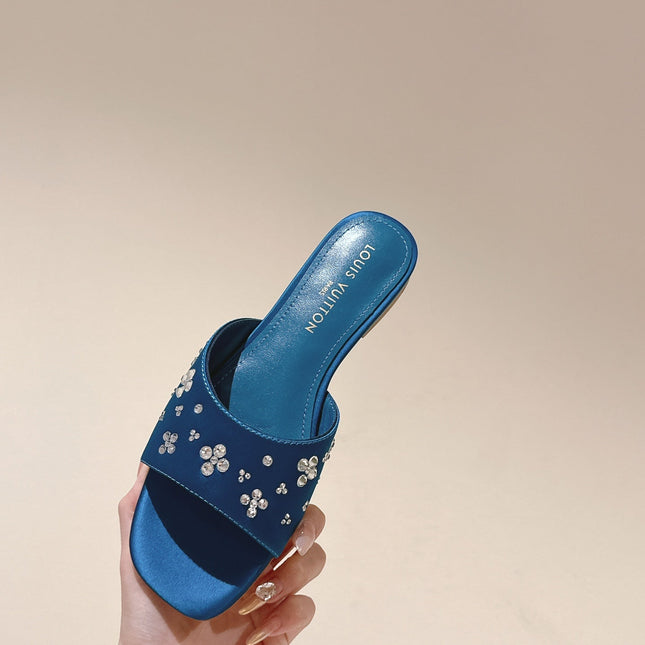 LV WOMEN FLAT MULE IN COBALT BLUE SATIN WITH RHINESTONE