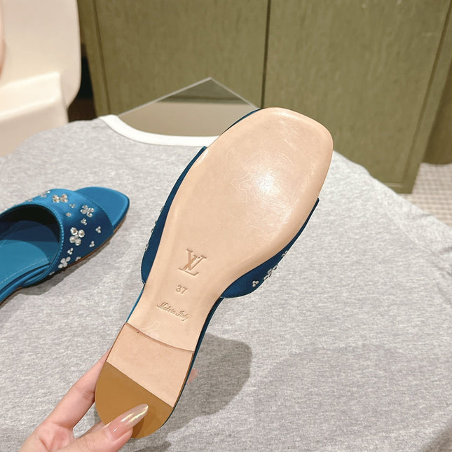 LV WOMEN FLAT MULE IN COBALT BLUE SATIN WITH RHINESTONE