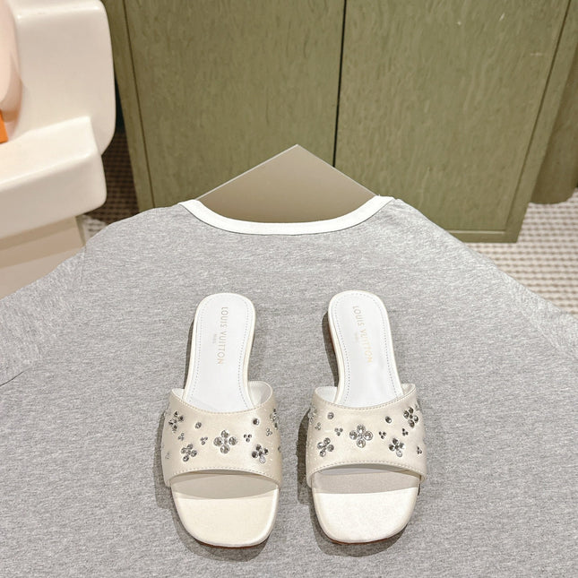 LV WOMEN FLAT MULE IN WHITE SATIN WITH RHINESTONE
