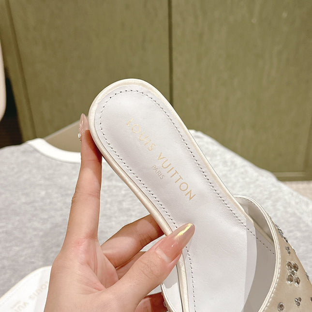 LV WOMEN FLAT MULE IN WHITE SATIN WITH RHINESTONE