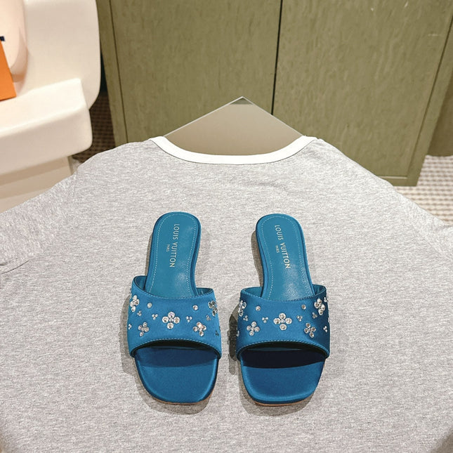 LV WOMEN FLAT MULE IN COBALT BLUE SATIN WITH RHINESTONE
