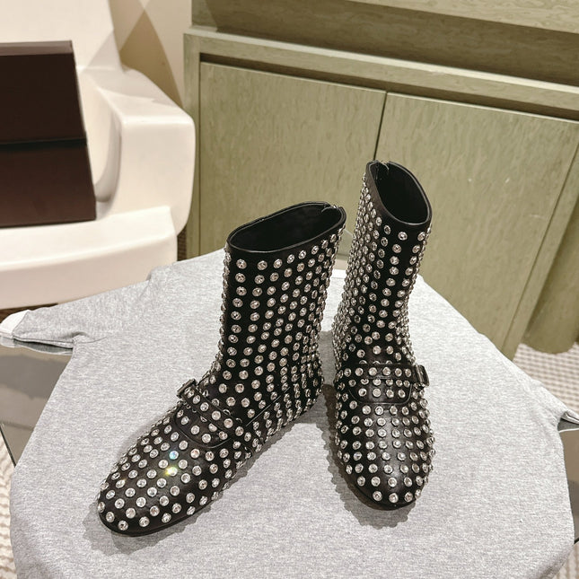 ALAIA SHORT BOOTS IN BLACK LAMBSKIN ATTACH RHINSTONES