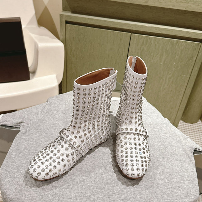 ALAIA SHORT BOOTS IN WHITE LAMBSKIN ATTACH RHINSTONES