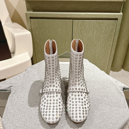 ALAIA SHORT BOOTS IN WHITE LAMBSKIN ATTACH RHINSTONES