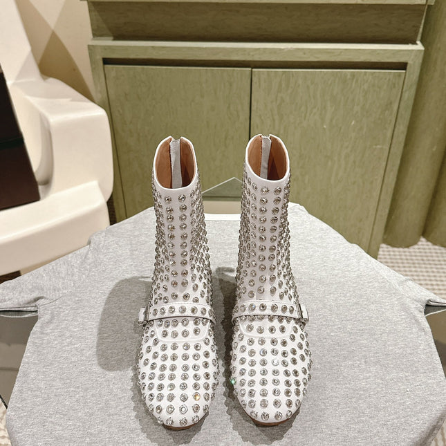 ALAIA SHORT BOOTS IN WHITE LAMBSKIN ATTACH RHINSTONES