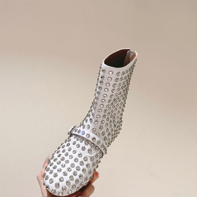ALAIA SHORT BOOTS IN WHITE LAMBSKIN ATTACH RHINSTONES