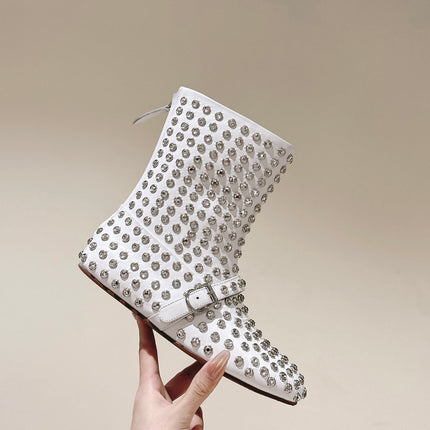 ALAIA SHORT BOOTS IN WHITE LAMBSKIN ATTACH RHINSTONES