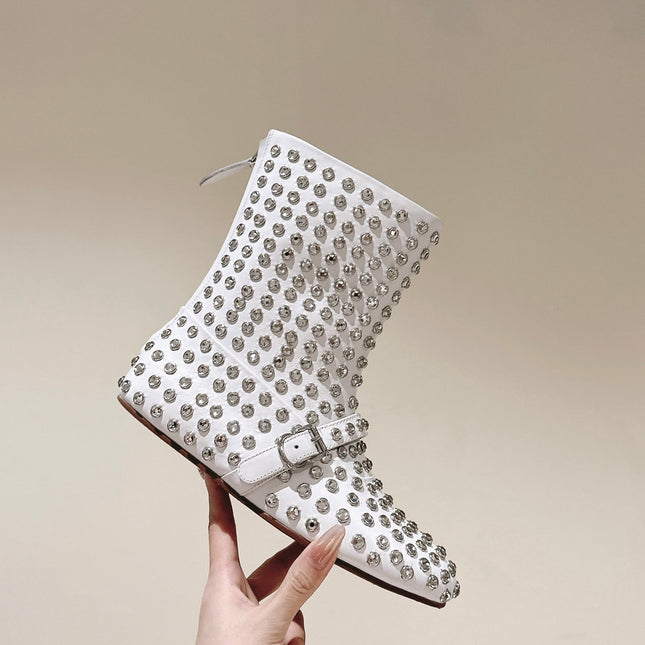 ALAIA SHORT BOOTS IN WHITE LAMBSKIN ATTACH RHINSTONES