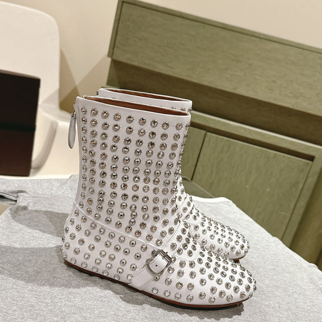 ALAIA SHORT BOOTS IN WHITE LAMBSKIN ATTACH RHINSTONES