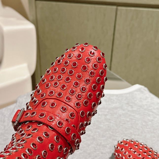 ALAIA SHORT BOOTS IN CHERRY RED LAMBSKIN ATTACH RHINSTONES