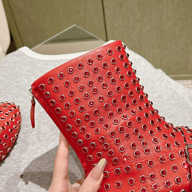 ALAIA SHORT BOOTS IN CHERRY RED LAMBSKIN ATTACH RHINSTONES